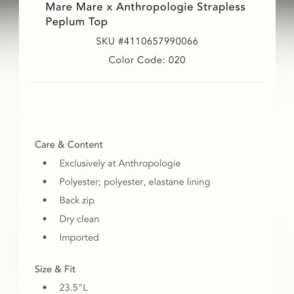 NWT Mare Mare x Anthropologie strapless peplum top - Picture 6 of 14
